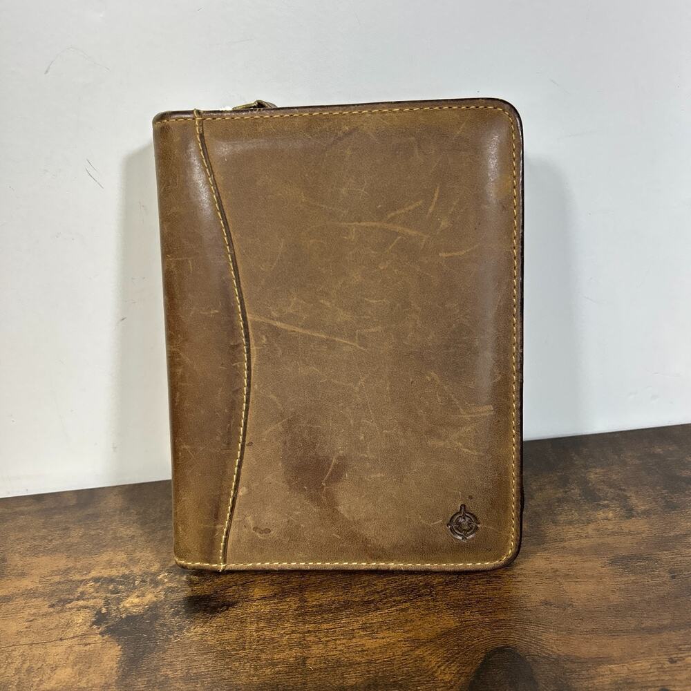 Vintage Franklin Covey 6 Ring Full Grain Leather Classic Brown Zip Planner USA
